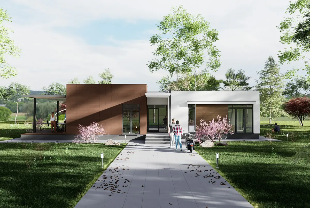 Bahçe yolu ile ulaşılan tek katlı modüler prefabrik ev