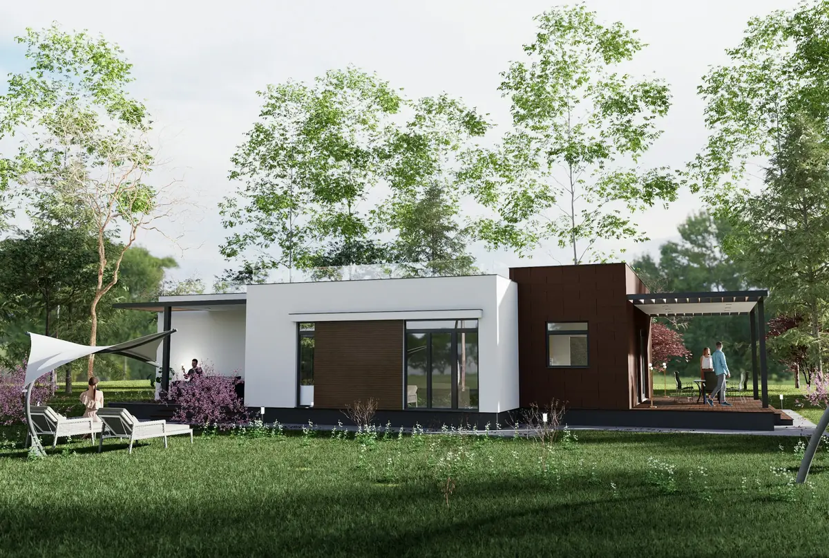 Bahçe içinde beyaz ve ahşap cepheli tek katlı modüler prefabrik ev